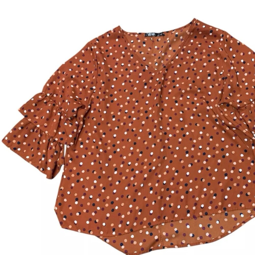 Cure women's blouse ruffle sleeve brown polka dots fabric size L